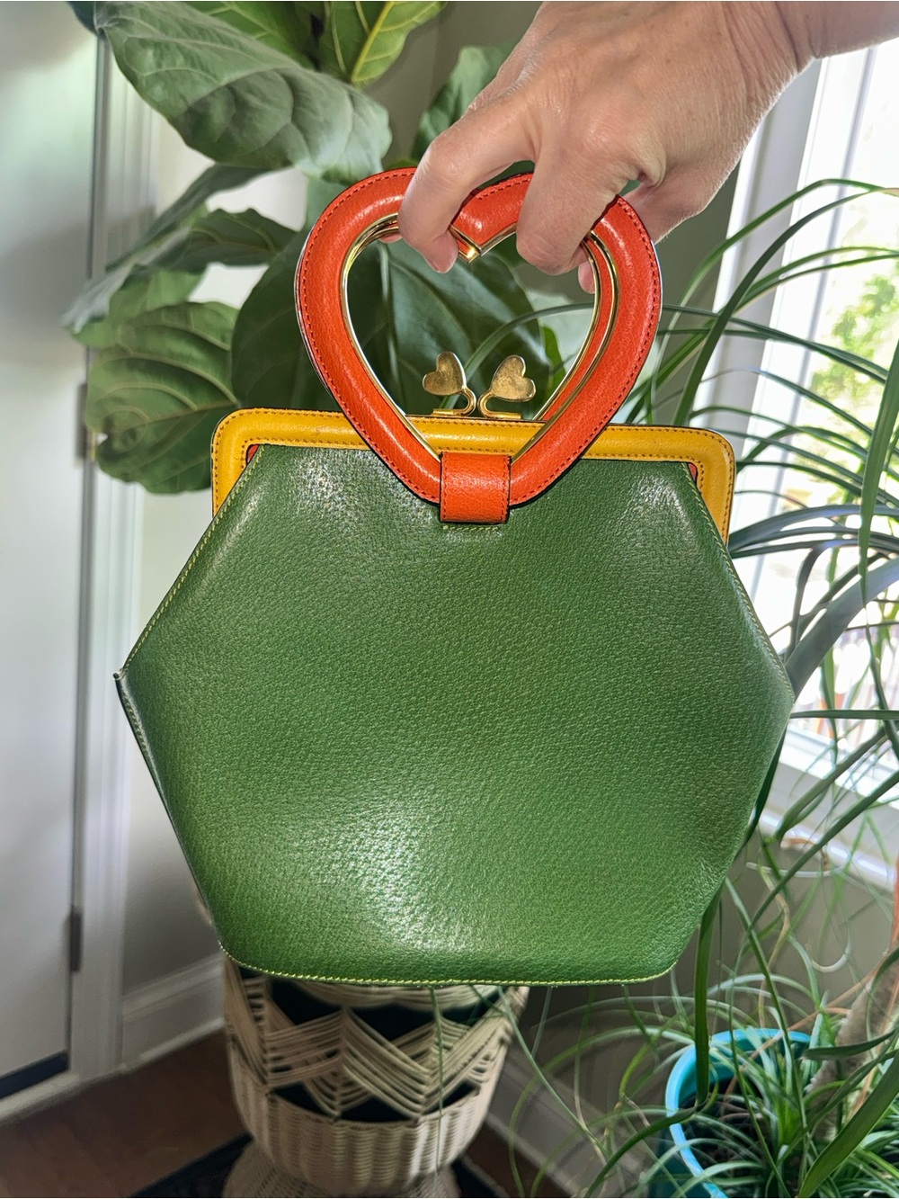 RARE Vintage Moschino Redwall Heart Handle Bag 90s Colorblock Leather Novelty - Picture 8 of 16